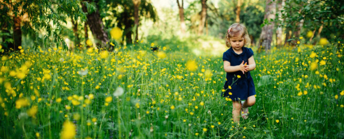 Young girl in a navy dress walking through a field of yellow wildflowers, surrounded by greenery.