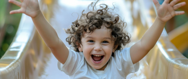 Happy curly-haired boy sliding down a playground slide with arms raised and a big smile.